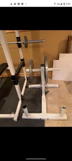 POWERHOUSE SQUATRACK W 300LB OLYMPIC WEIGHT SET BAR & TREE ( LIKE NEW & DELIVERY AVAILABLE TODAY) Thumbnail