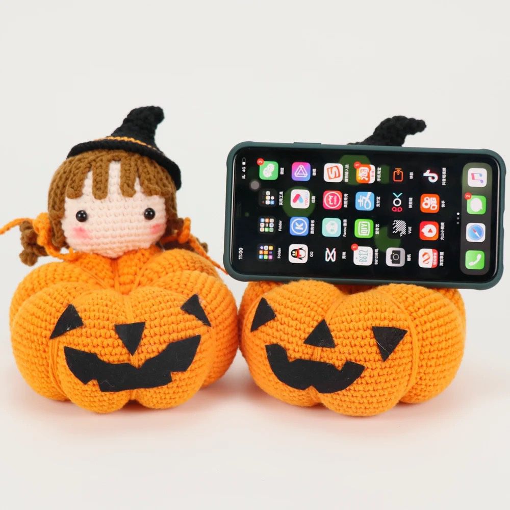 New! Hand Knit Pumpkins | Phone Holder | Fall Decor | Halloween Holiday theme | Desktop Decor Stands