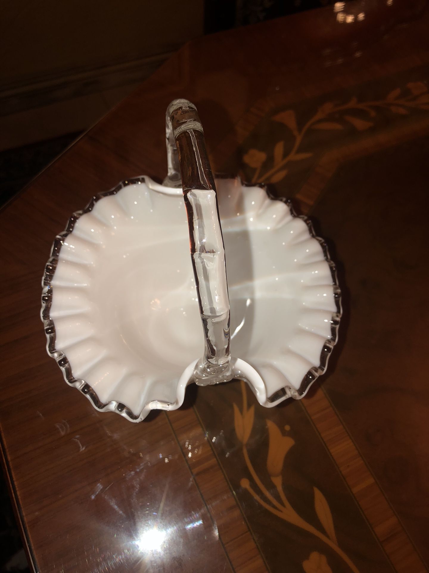 Vintage white milk glass 7 X 7 across basket with clear handle/trim ruffles