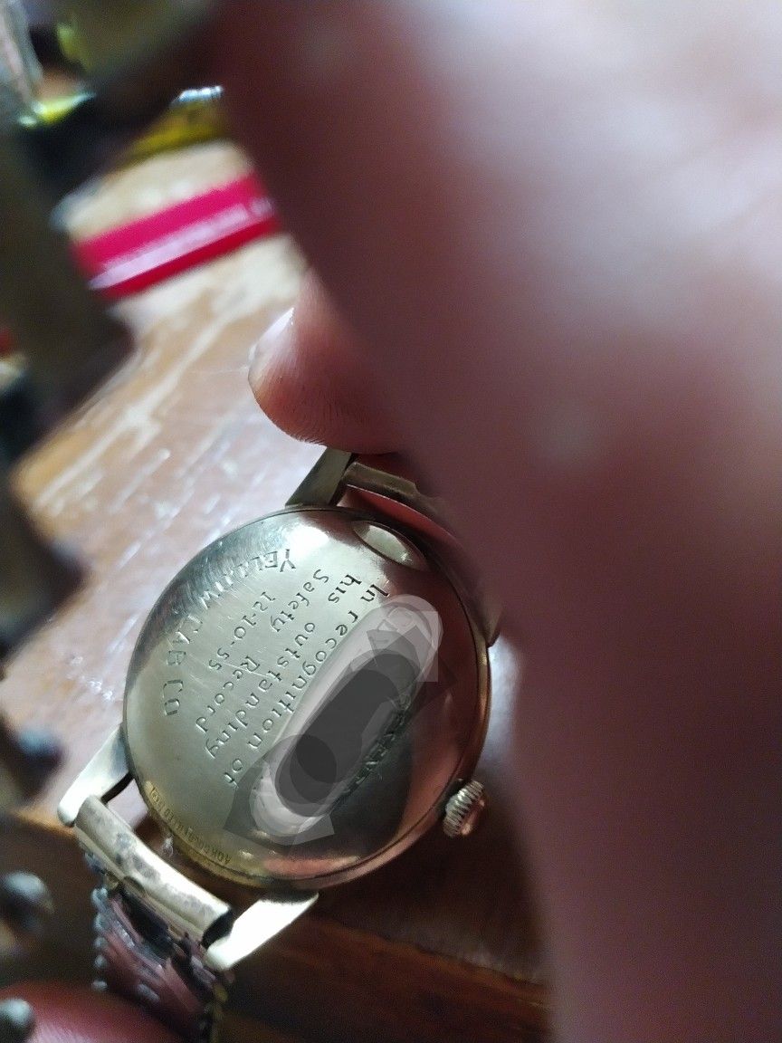 1953 Elgin shockmaster safety award watch from yellow cab 10k gold filled