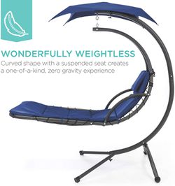 Hanging Curved Lounge Chair Swing Canopy with Pillow, Stand, Navy Blue Thumbnail