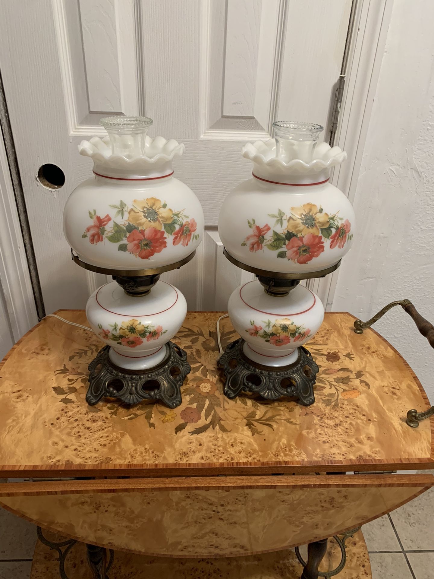 Vintage Set Of 2 Hurricane Lamp Roses Design With 3 Way Electric Lighting