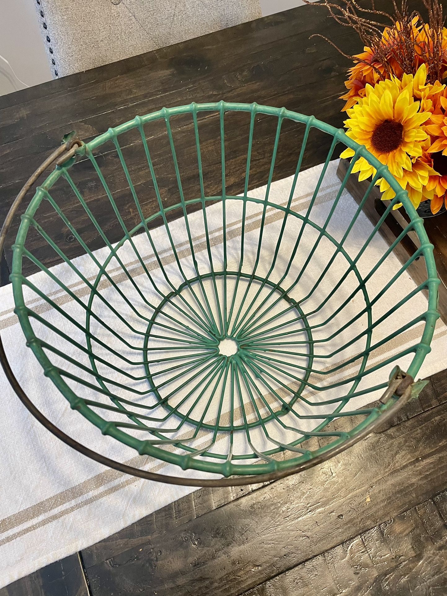 Antique Vintage Farmhouse Green Coated Large Metal Wire Egg Basket