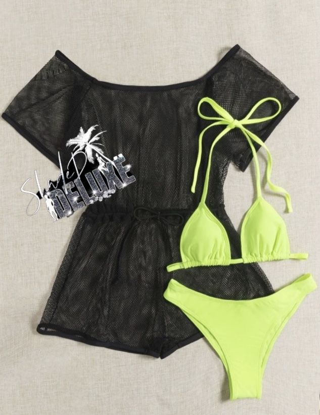 3pack Neon Lime Triangle Bikini Swimsuit With Fishnet Romper