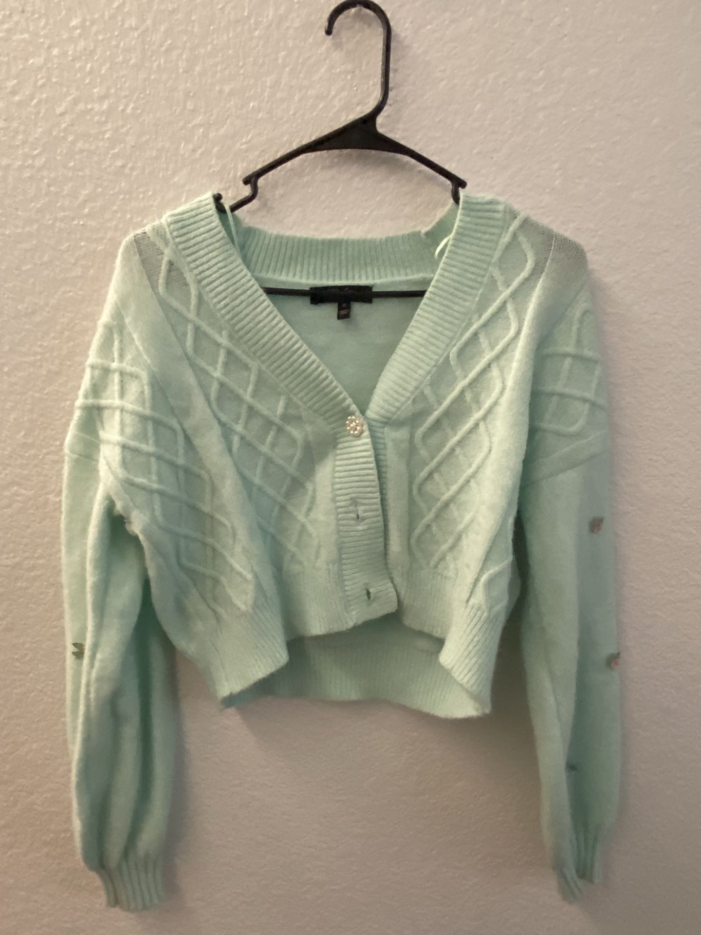 Teal Cardigan With Flower Details 