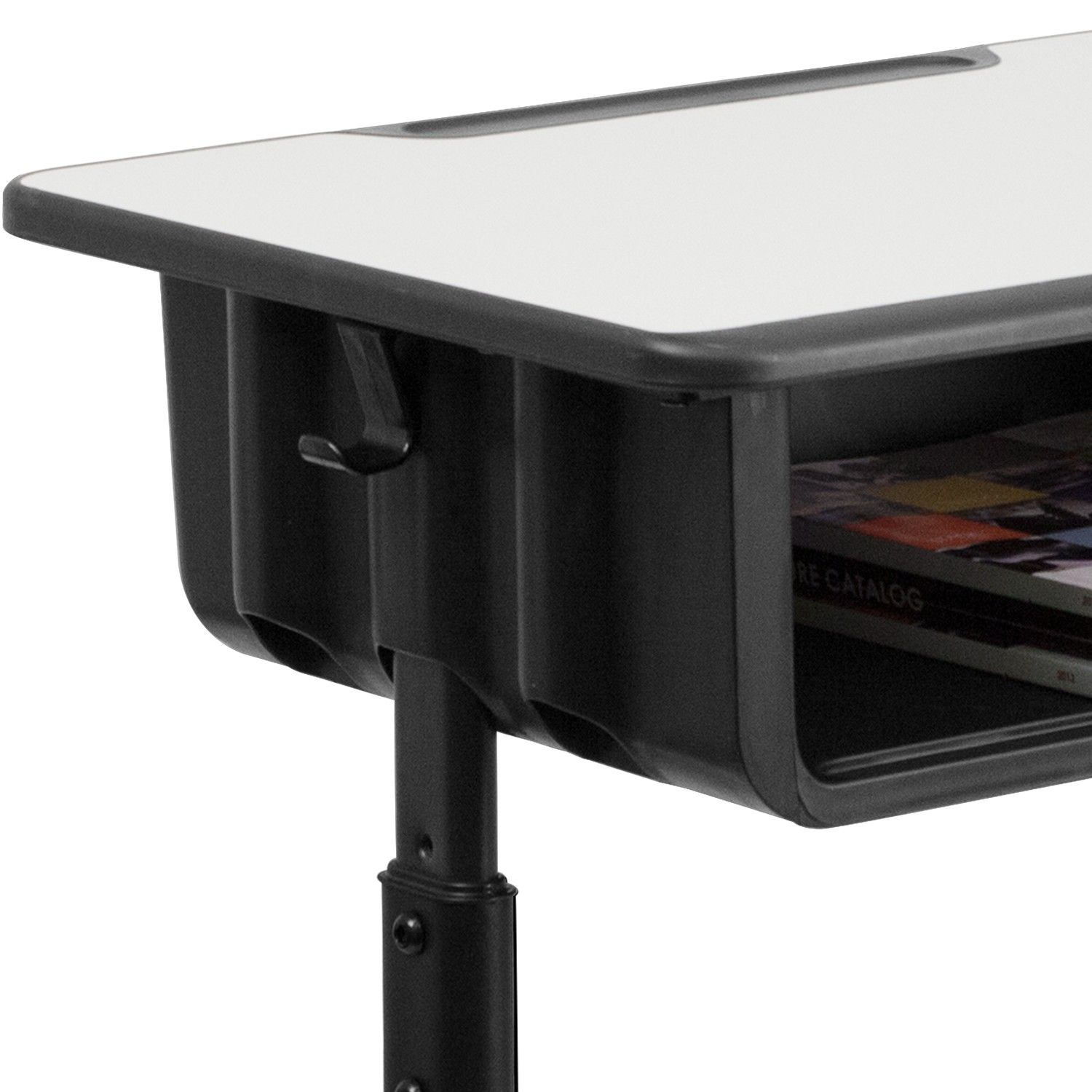 Desk with Grey Top and Adjustable Height Black Pedestal Frame