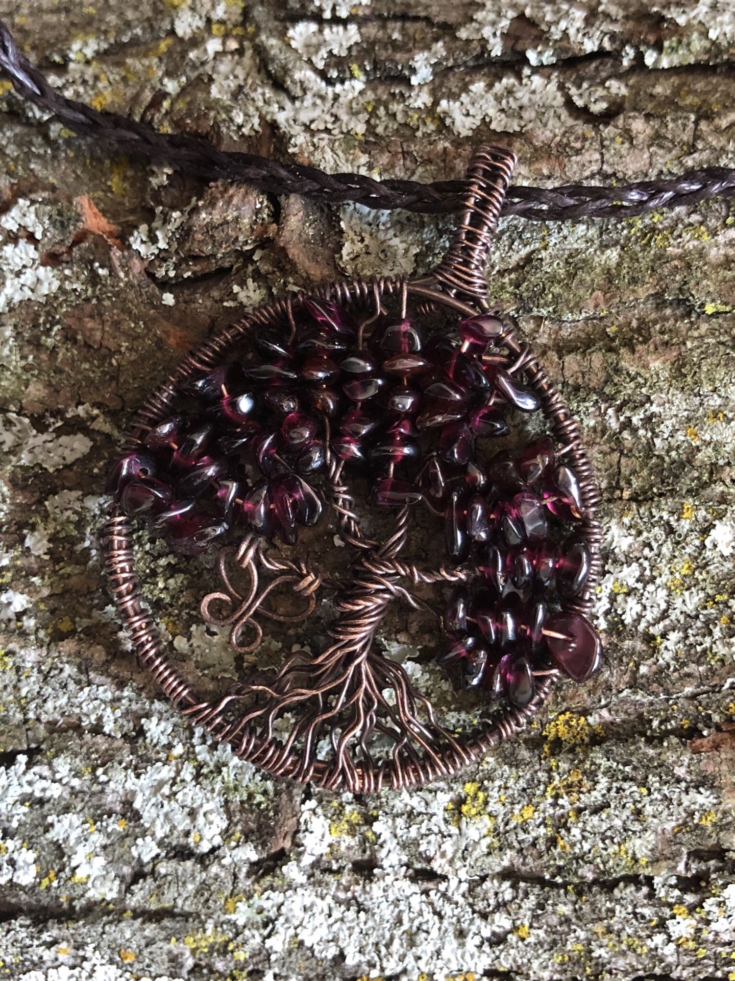 Wire wrapped garnet tree of life necklace
