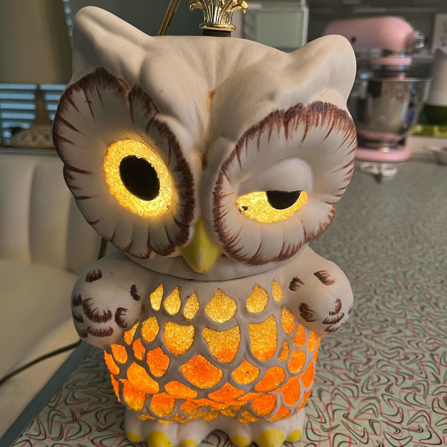 ***PENDING SALE***Vintage Mid Century Modern Pottery Lucite Owl Hanging Swag Lamp