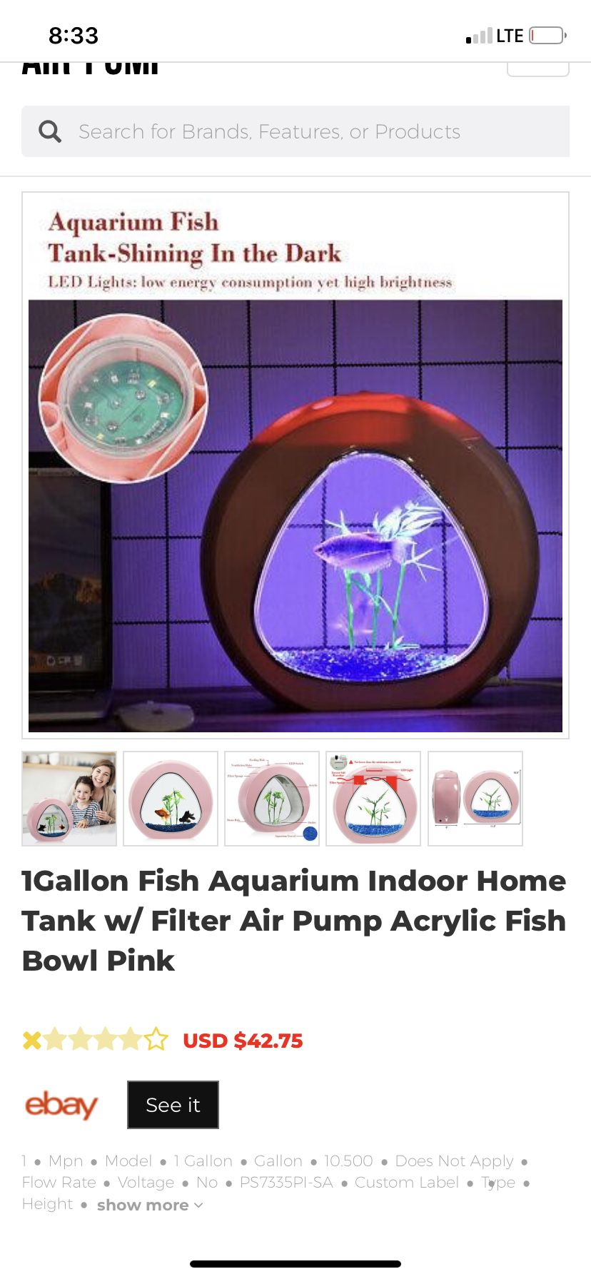1 Gallon Fish Aquarium Tank with Filter Air Pump