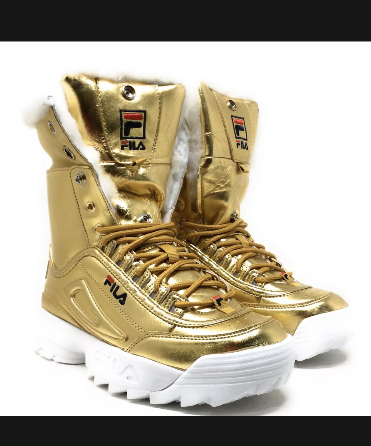Fila Girls Disruptor Shearling Fur Lined Winter Boots Fold Over Gold Size 2. Used Condition. Make an offer!