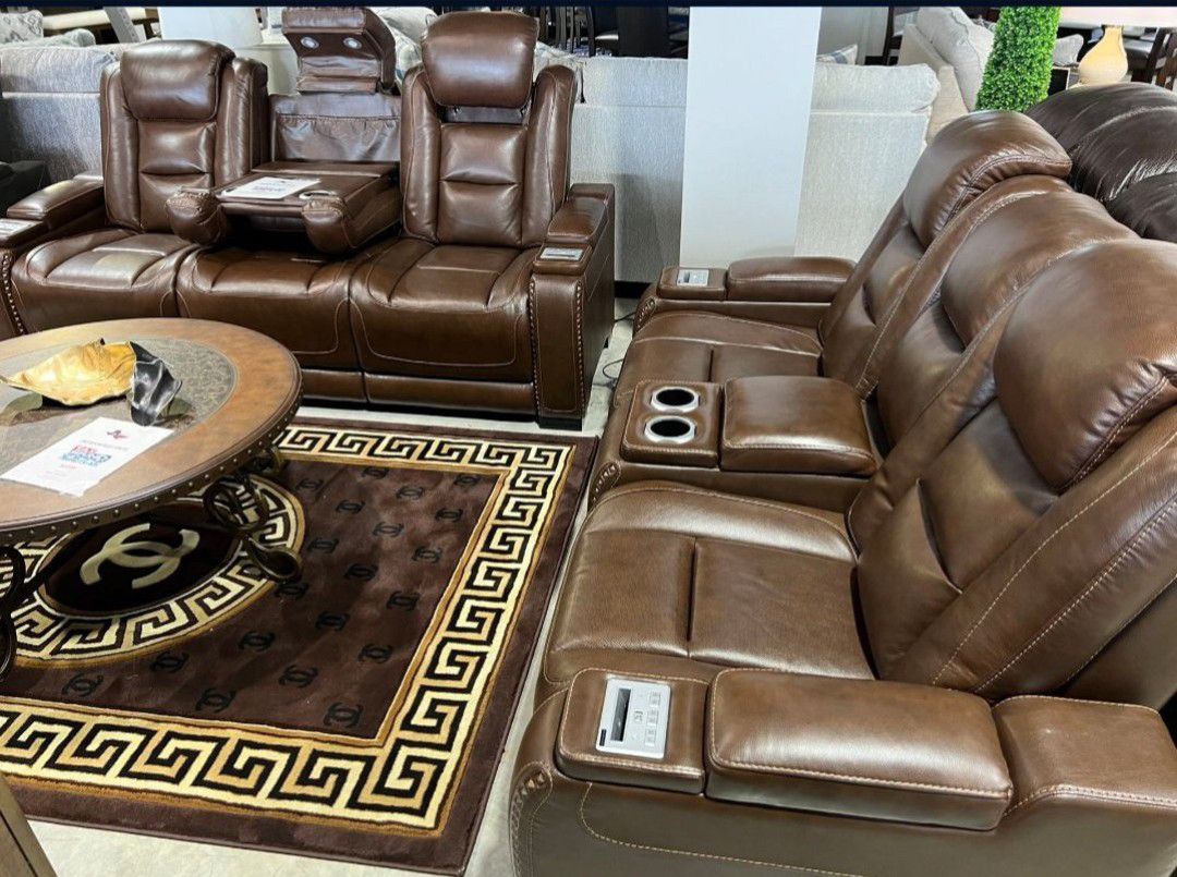 Top Grain Leather Brown Power Reclining Sofa And Loveseat With Console |Brand New ~Delivery is Available 