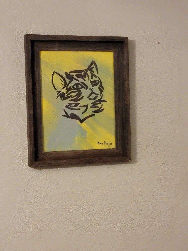 Cat Painting In A Wooden Frame 