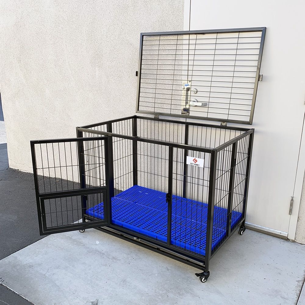 New $220 Folding Dog Cage 43x30x34” Heavy Duty Single Door Kennel w/ Plastic Tray
