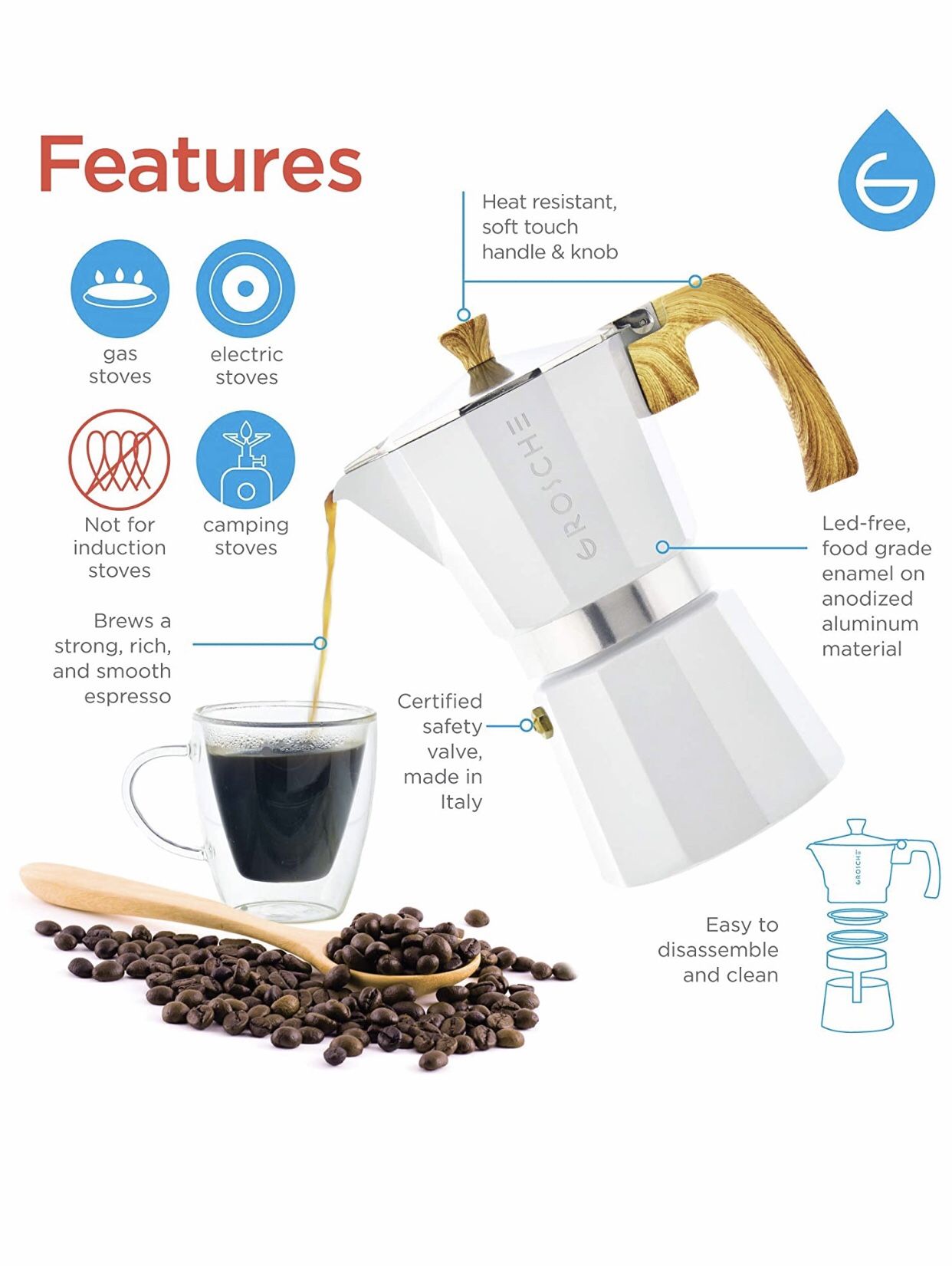 GROSCHE Milano Stovetop Espresso Maker Moka pot 3 espresso Cup - 5 oz