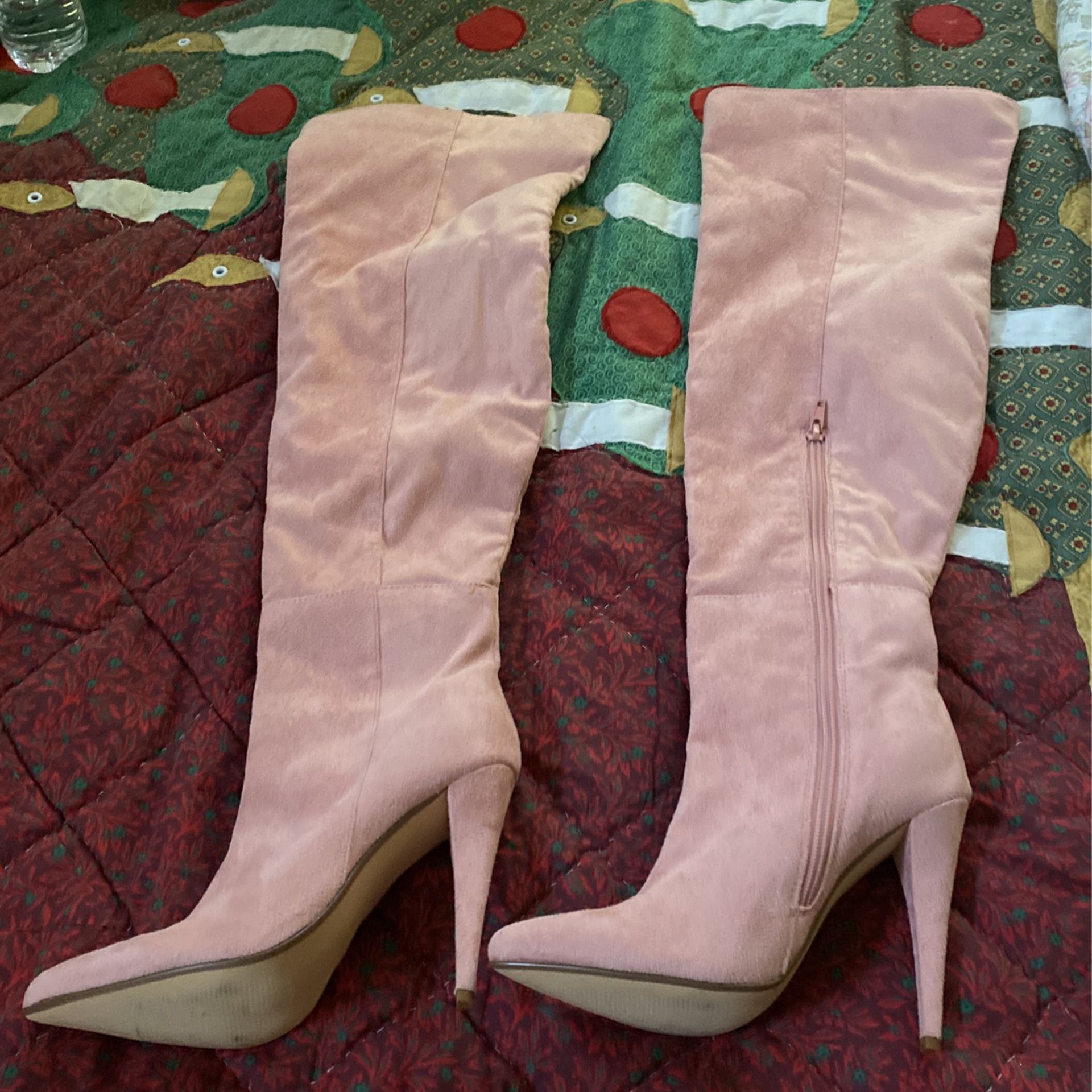Pink Vegan Suede Thigh High Boots