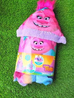 NEW Trolls World Tour Snuggle Wrap Hooded Cape Kids Pink Throw Blanket 29" X 55". Thumbnail
