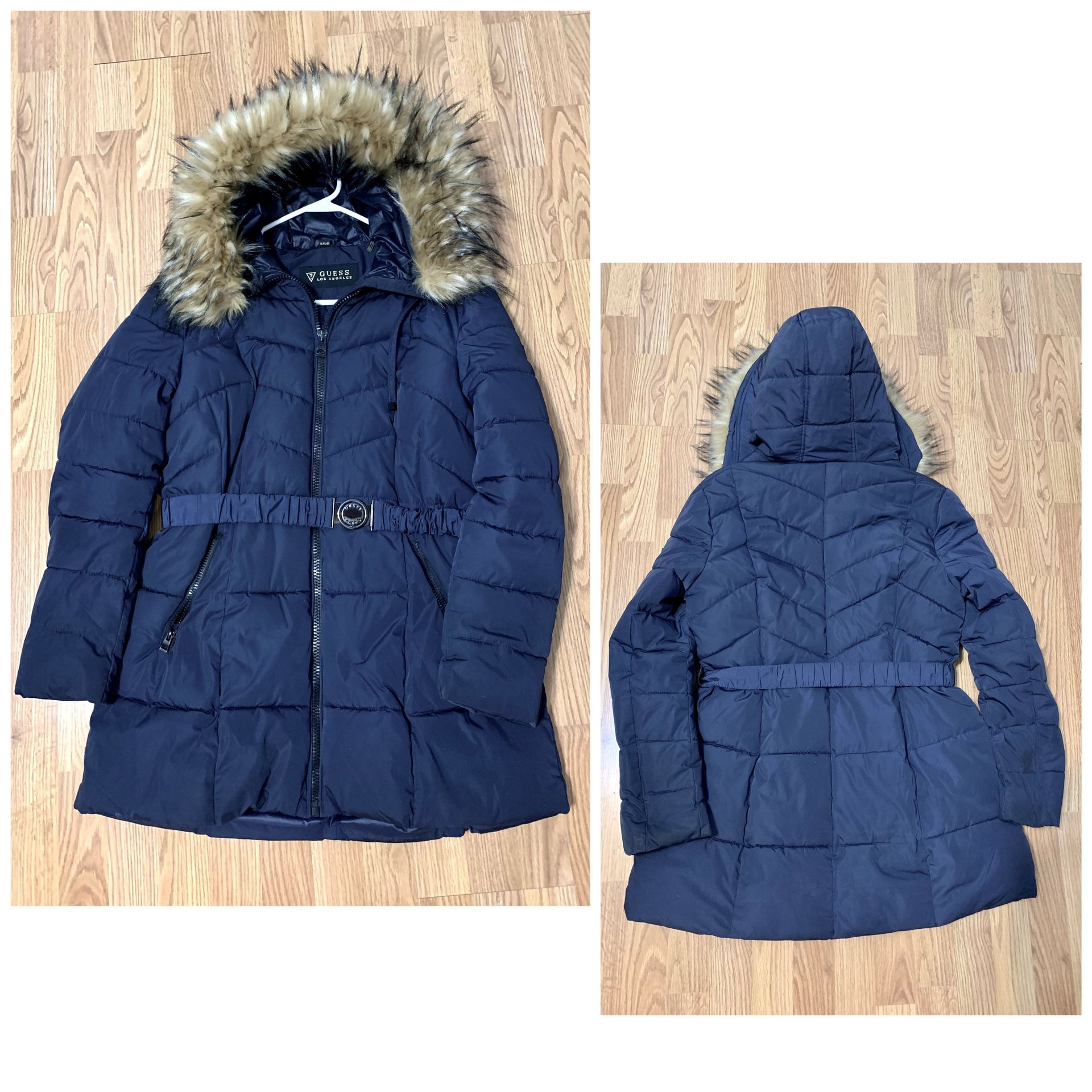 Guess Down Filled parka Fur Hooded puffer coat Blue winter jacket Womens x-large