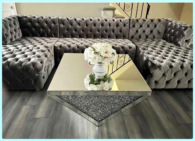 Sectional Sofa Very Large 139"x70" Grey Velvet Glam Collection Living Room Sofa Grey Couch