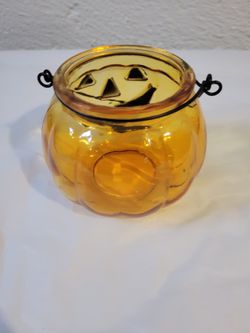 Pumpkin Glass Hanging Jack O Lantern Tealight Candleholder Halloween Candy Dish Thumbnail
