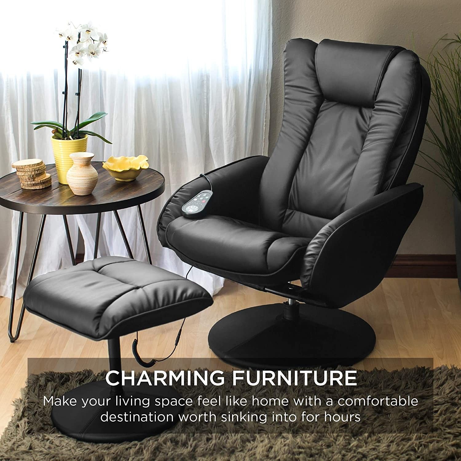 Electric Massage Recliner Chair with Stool Ottoman, Leather, Black