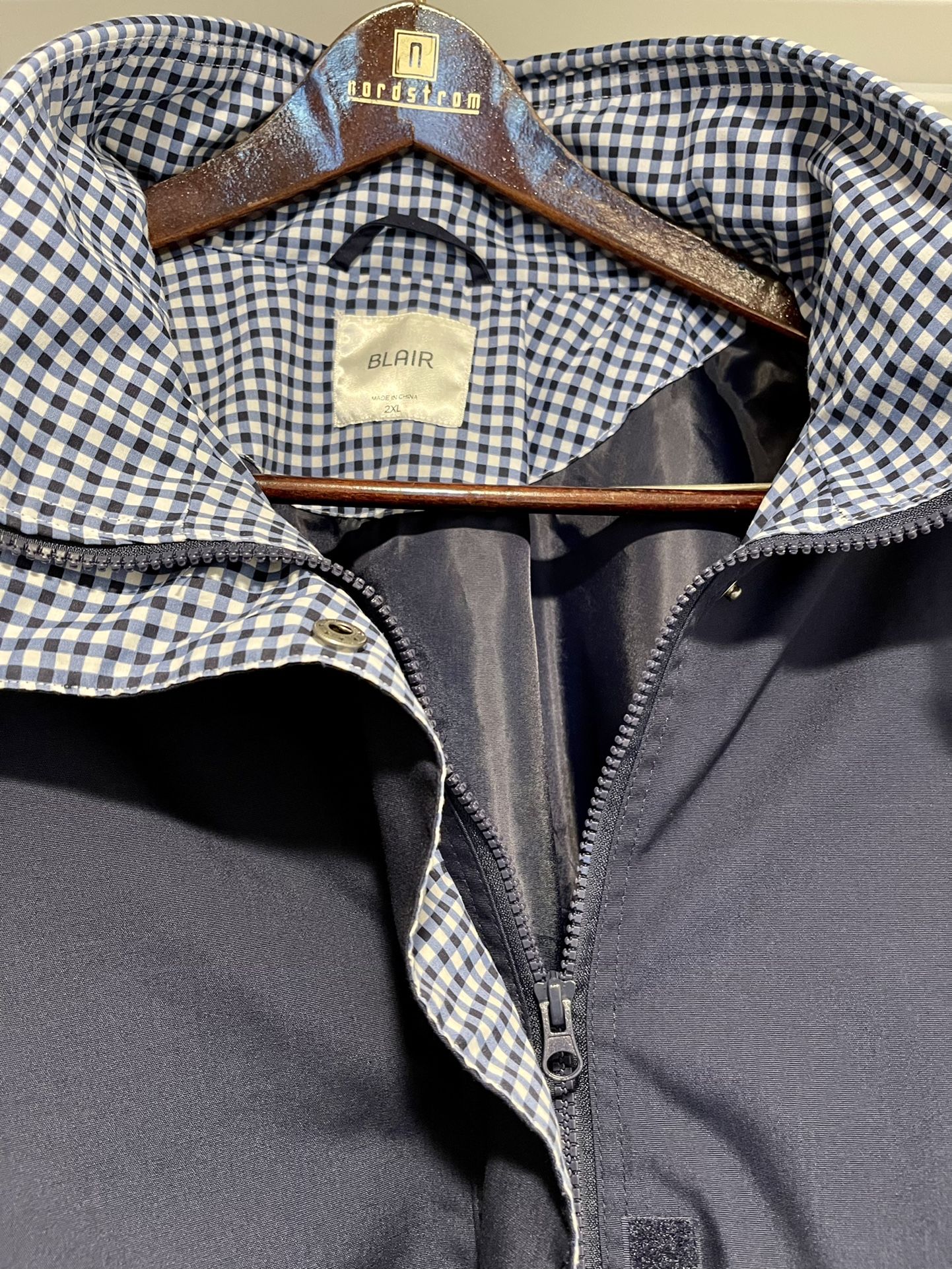 BLAIR Mens XXL Navy Blue Raincoat Jacket Hood Pockets Lining Zip Up Blue Check Cuffs