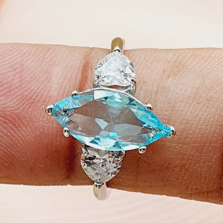 "Marquis Crystal Clear Super Big Sea Blue Zircon Rings for Women, PD546
 