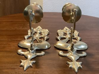 VINTAGE PAIR OF SOLID BRASS SWAN DESIGNED WALL MOUNT CANDLESTICK HOLDERS Thumbnail