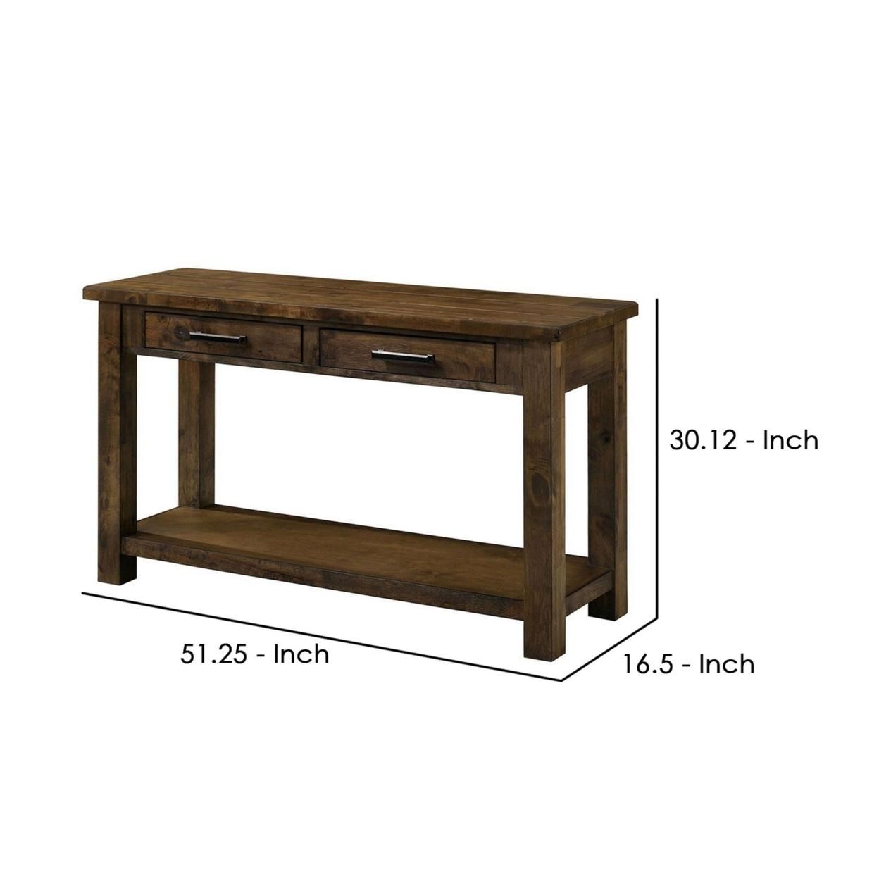 Saltoro Sherpi 51 Inches Sofa Table with 2 Drawers and Open Shelf, Rustic Brown