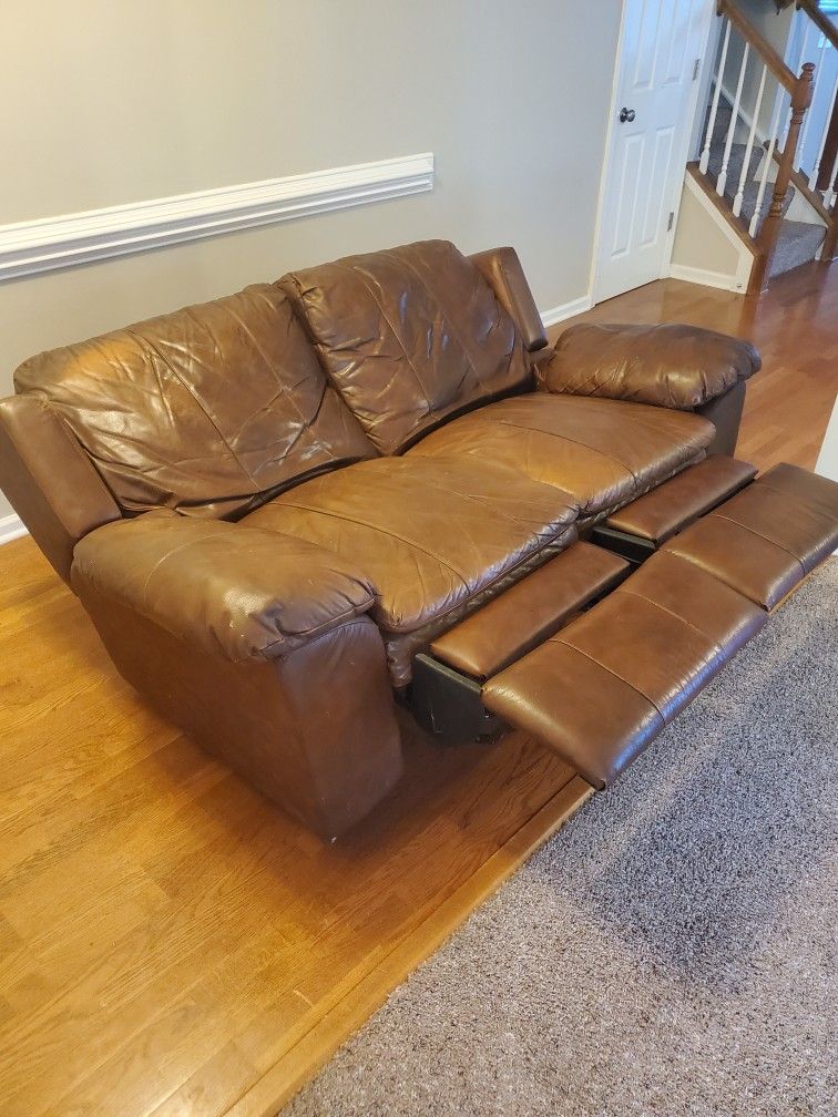 Brown Leather Recliner Loveseat With Wear And Tear, See Pictures