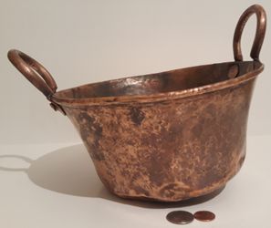 Vintage Antique Copper Pot, Pan, Planter, Cookware, 10" Wide and 9" x 4 1/2" Pan Size", Very Heavy Duty Quality, Kitchen Decor, Hanging Display, Shelf Thumbnail