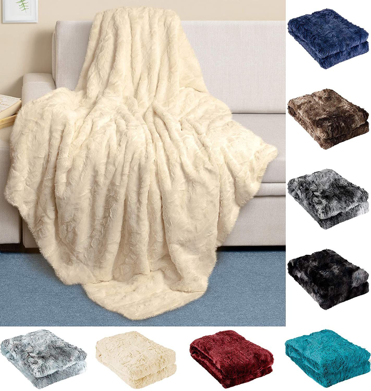 Luxury Faux Fur Throw Blanket - Ultra Soft and Fluffy - Plush Blankets for Couch Bed & Living Room - Fall Winter & Spring - 50x65 (Full Size) Ivory