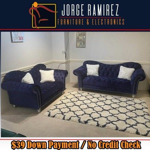 Covert Blue Velvet Living Room Set🌟 SOFA & LOVESEAT🍀payment Option ❤️ 39 down only !