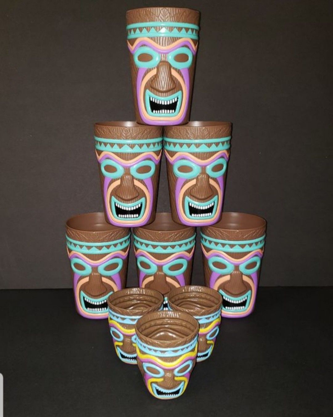 Lot of 9 Tiki God Tribal Luau Plastic Hawaiian Drinking Glasses 5.5" H & Shot Glasses 3.5" H Set