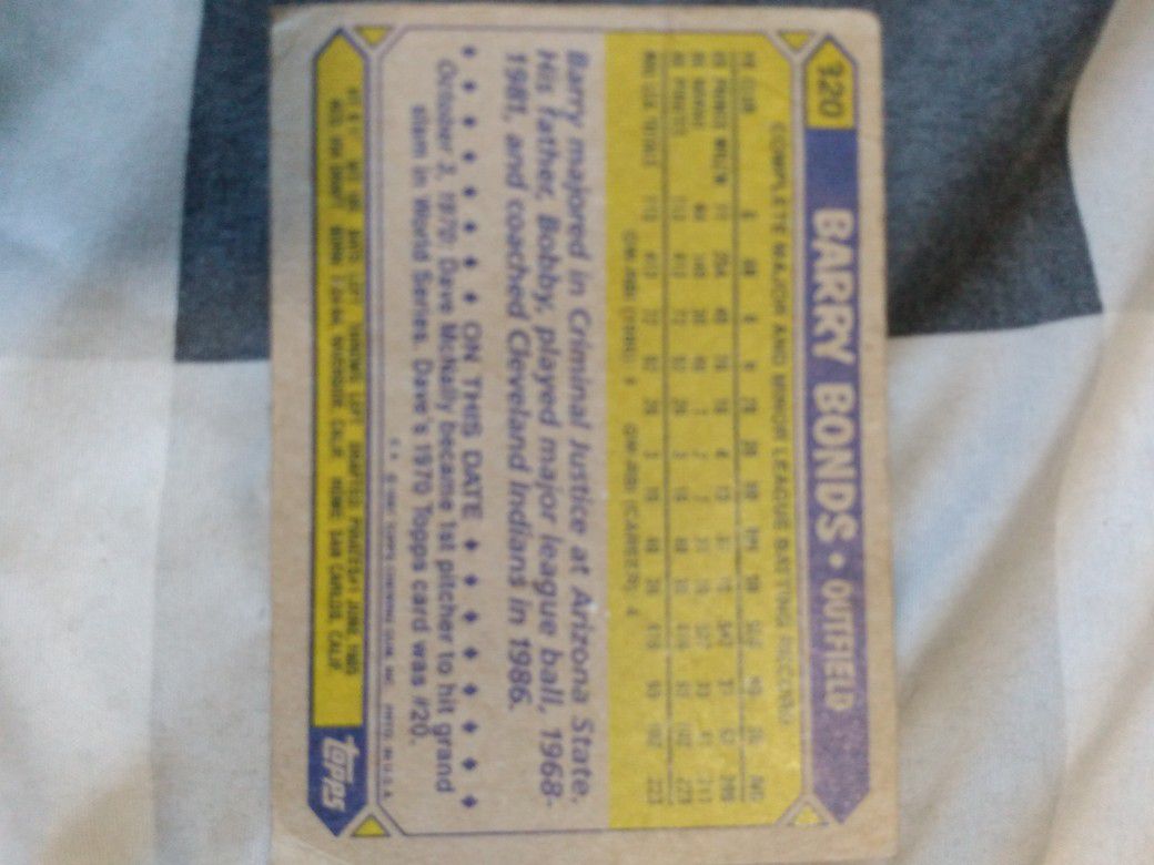 Barry Bonds,Topps Rookies Card,#320,Barry Bonds Fleer Card #202,Tony Gwynn, Donruss,1990#705.Bo Jackson,Topps 1989 Card #85AS-11