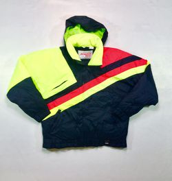 80s Vintage Downhill Racer Down Filled Ski Jacket Neon Color Block Large Thumbnail