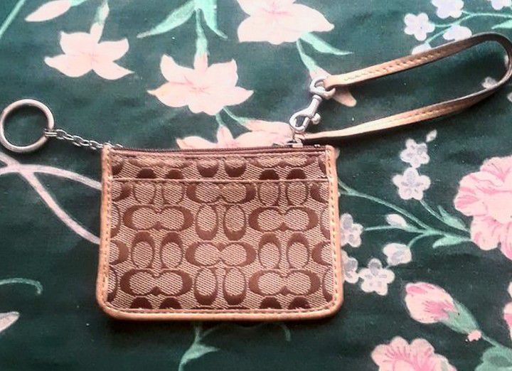 Coach Mini Signature Tan & Gold Small Keychain Wristlet Wallet