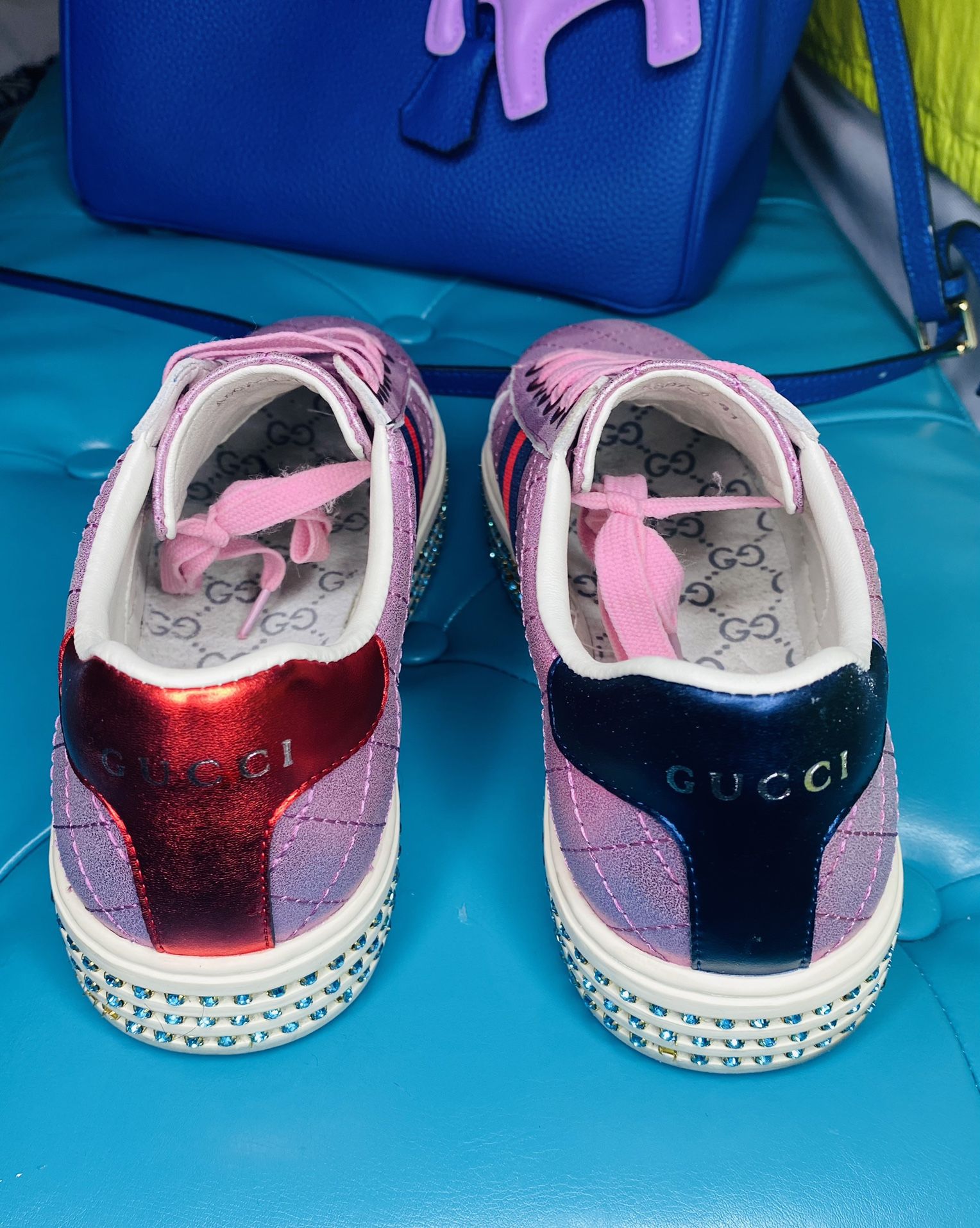 Gucci Womens Ace Crystal Rhinstone Shoes Sneakers Pink Red Green White size 41