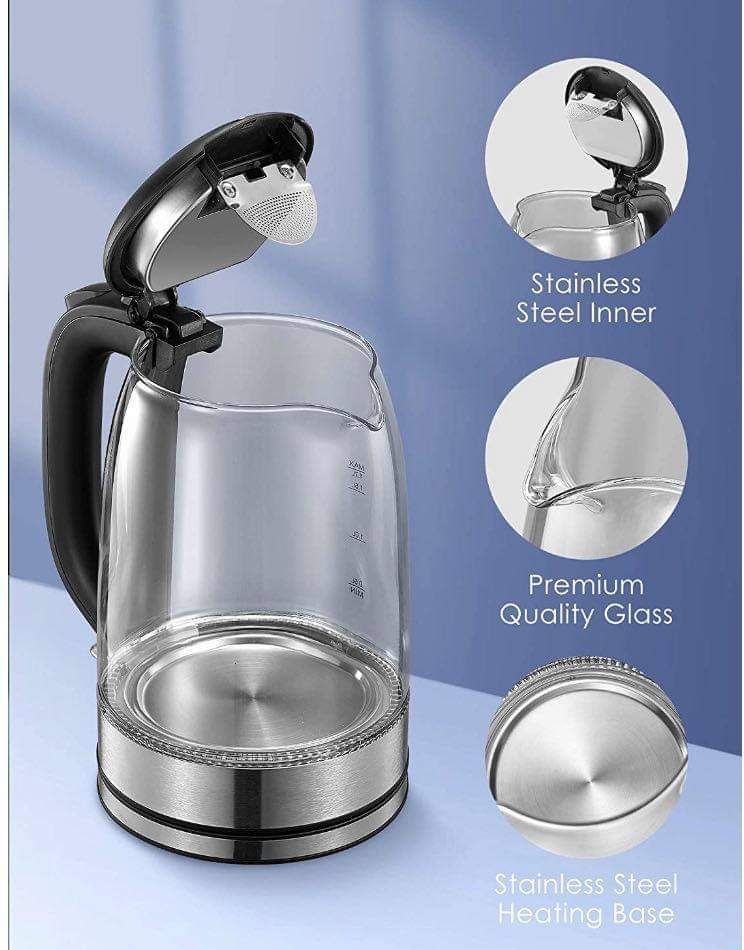 Electric Kettle, Decen 1500W Glass Electric Tea Kettle with Speedboil Tech, 1.7L (8 Cups) Water Kettle with LED Light, Auto Shut-Off And Boil-Dry Prot
