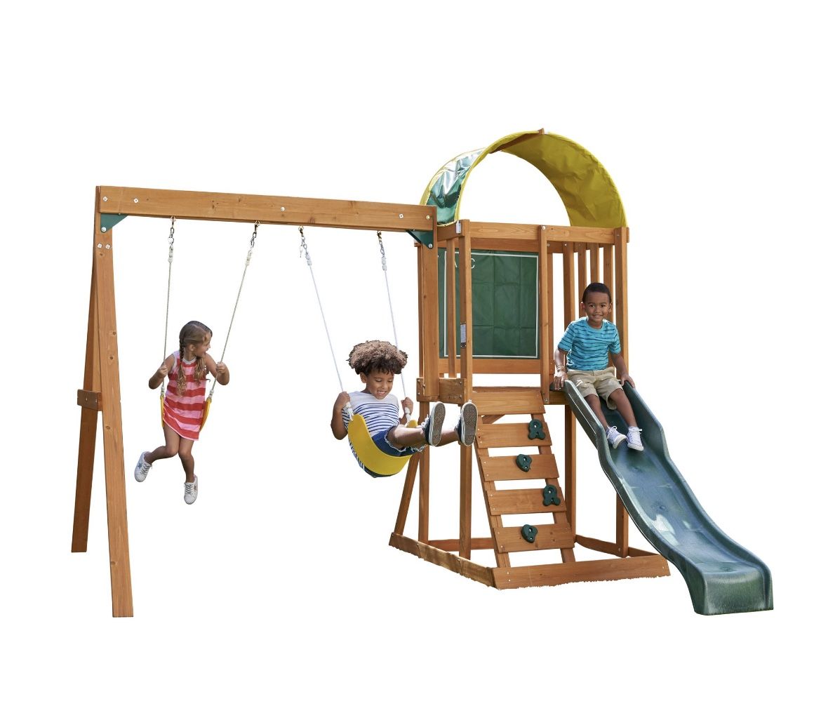 KidKraft Ainsley Wooden Outdoor Swing Set with Slide, Chalk Wall, Canopy and Rock Wall
