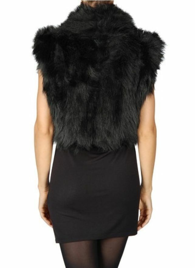 Diesel Black Faux Fur Cropped Vest Top Zip Front Sleeveless Topper, Size S 