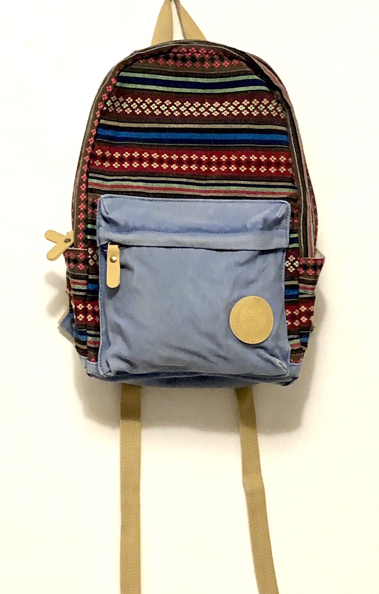 Backpack Aztec Tribal Mixed Fabric Print Blue Winner Monkey Logo