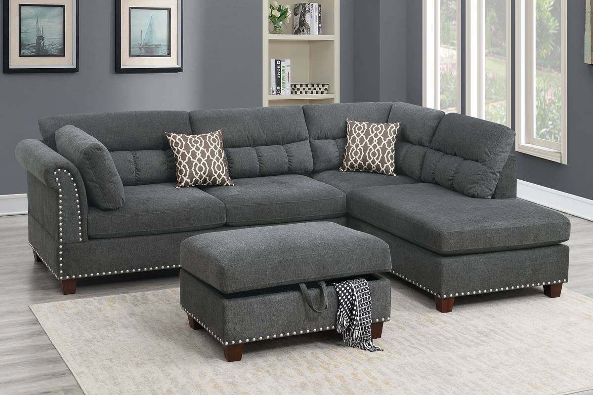 Brand New Slate Grey Velvet Like Sectional Sofa Couch +Storage Ottoman 