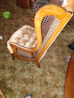 Mid 20th. Century Lewittes Ruffed Gold Velvet Cane Wingback Chair. Thumbnail