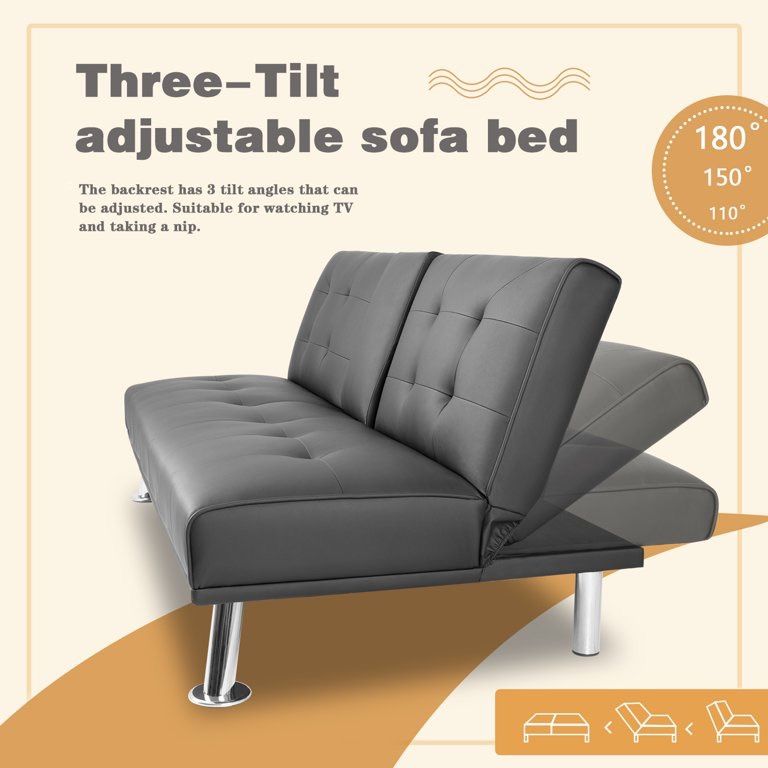 New Sofa Bed Modern Faux Leather Couch Bed Convertible Folding Recliner for Living Room with 2 Cup Holders and Armrest (Black) Modern PU Leather Conve