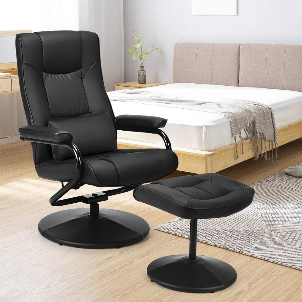 Swivel Recliner Chair, Leather Lounge Armchair Recliner, 360 Degree Swivel Overstuffed Padded Seat w/ Footrest Stool Ottoman Set