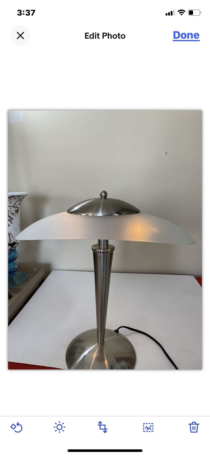 Art Deco Desk Table Lamp w Satin Nickel Base & Glass Shade. Works Perfectly