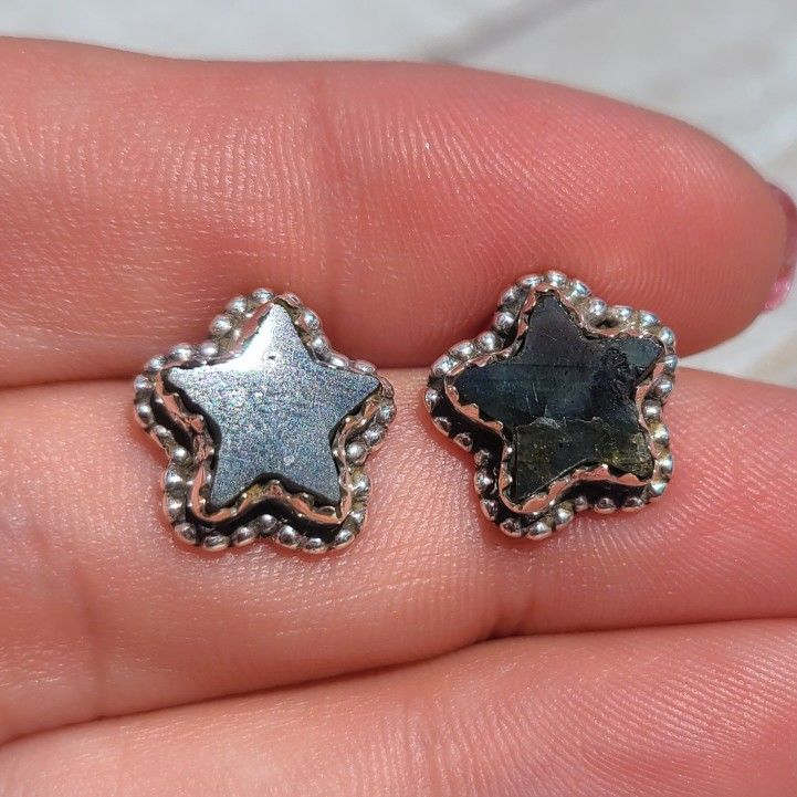 Star - Larvikite Black Moonstone 925 Stud Earrings