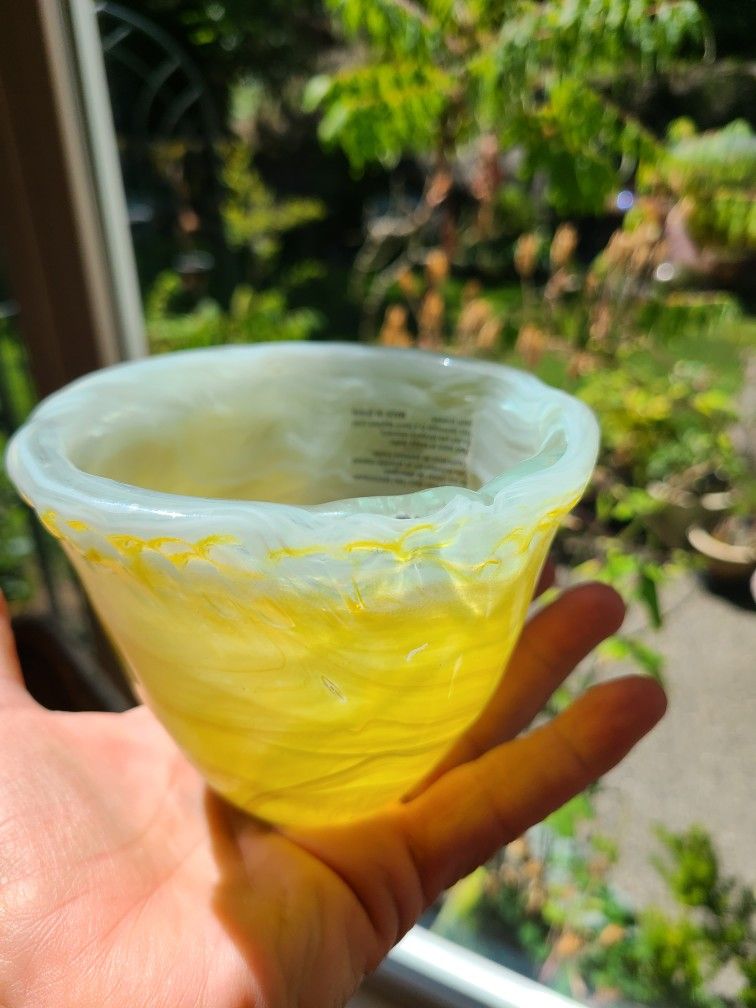 Spanish Blown Glass Hand Applied Cold Paint Process Lemon Yellow Drip Vase Bowl
