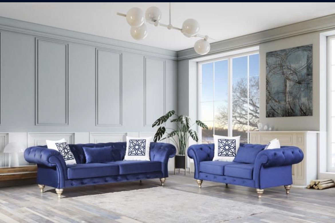 (BRAND NEW) Loretta Blue Velvet Sofa & Loveseat
