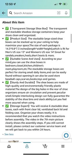 NEW IN BOX PRICE IS FIRM XL Shoe Storage Boxes, 6 Pack Shoe Boxes Clear Plastic Stackable, Shoe Organizer for Closet, Space Saving Plastic Foldable Sh Thumbnail